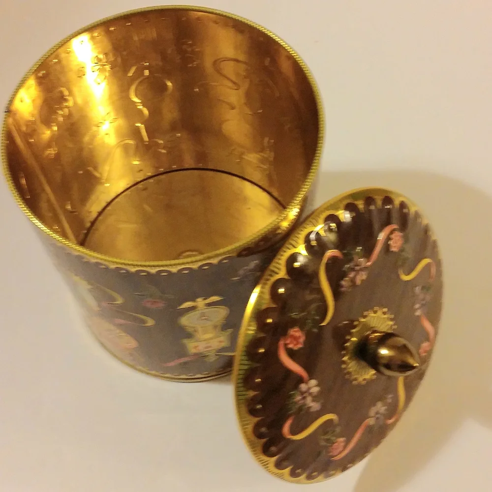 Vintage Decorative Cookie Tin with Brown and Gold Accents